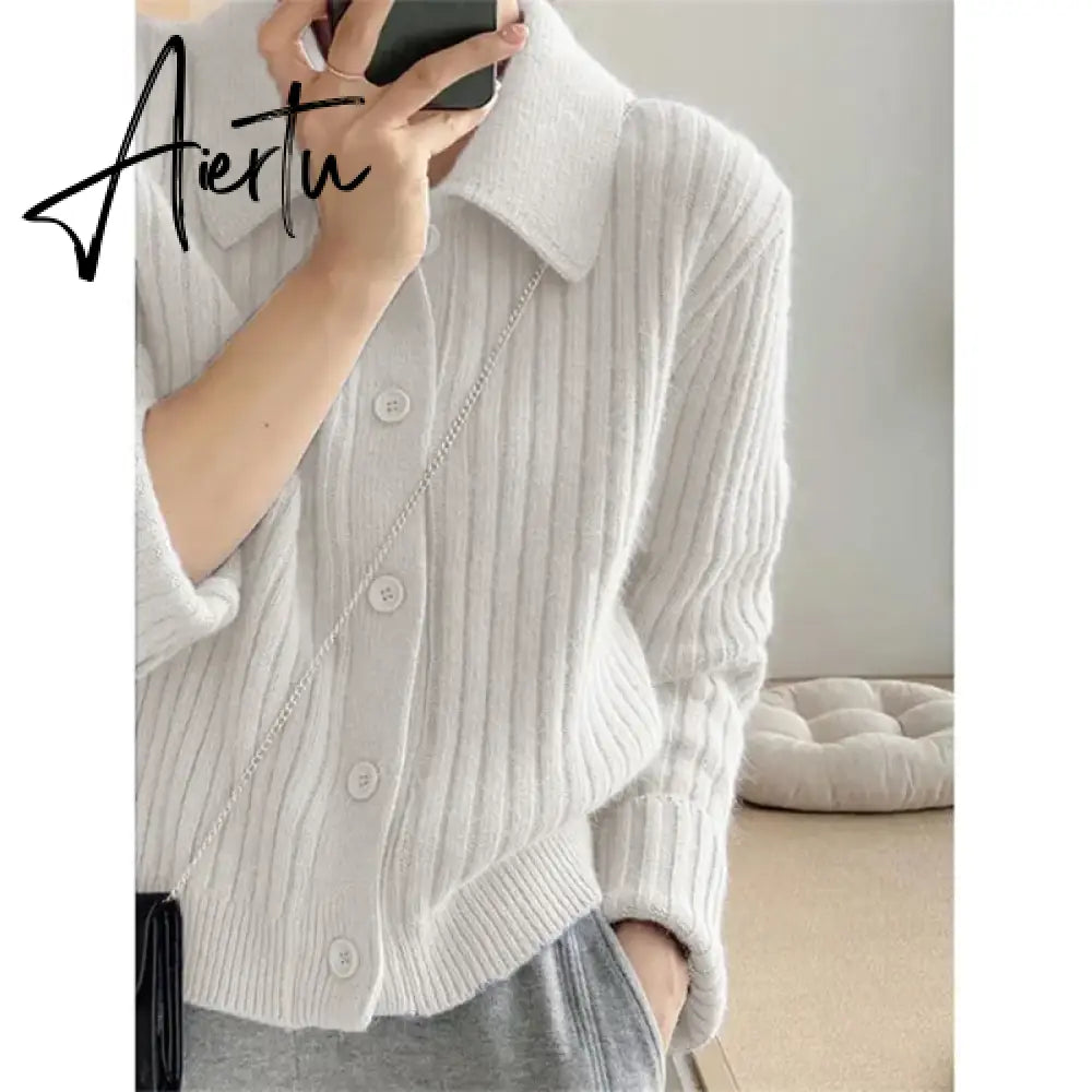 Turn Down Knit Cardigan Women Autumn Winter Button Up Solid Color Sweater Coats Woman Long Sleeve Soft Cardigans Ladies Aiertu