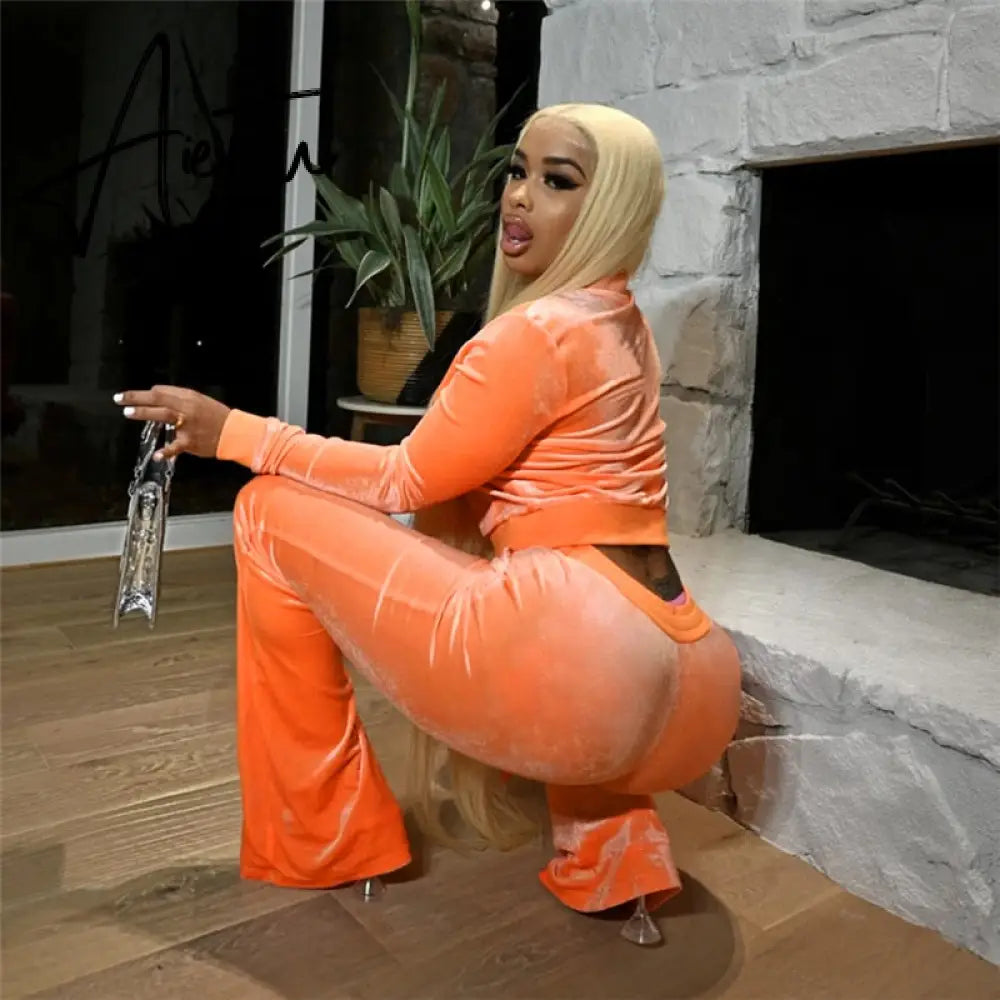 Turtleneck Top+Bandage Lace Slim Female Wide Leg Pants Solid Velour Two Piece Set Women Simple Casual Zipper Long Sleeve Aiertu