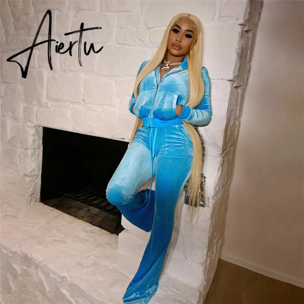 Turtleneck Top+Bandage Lace Slim Female Wide Leg Pants Solid Velour Two Piece Set Women Simple Casual Zipper Long Sleeve Aiertu