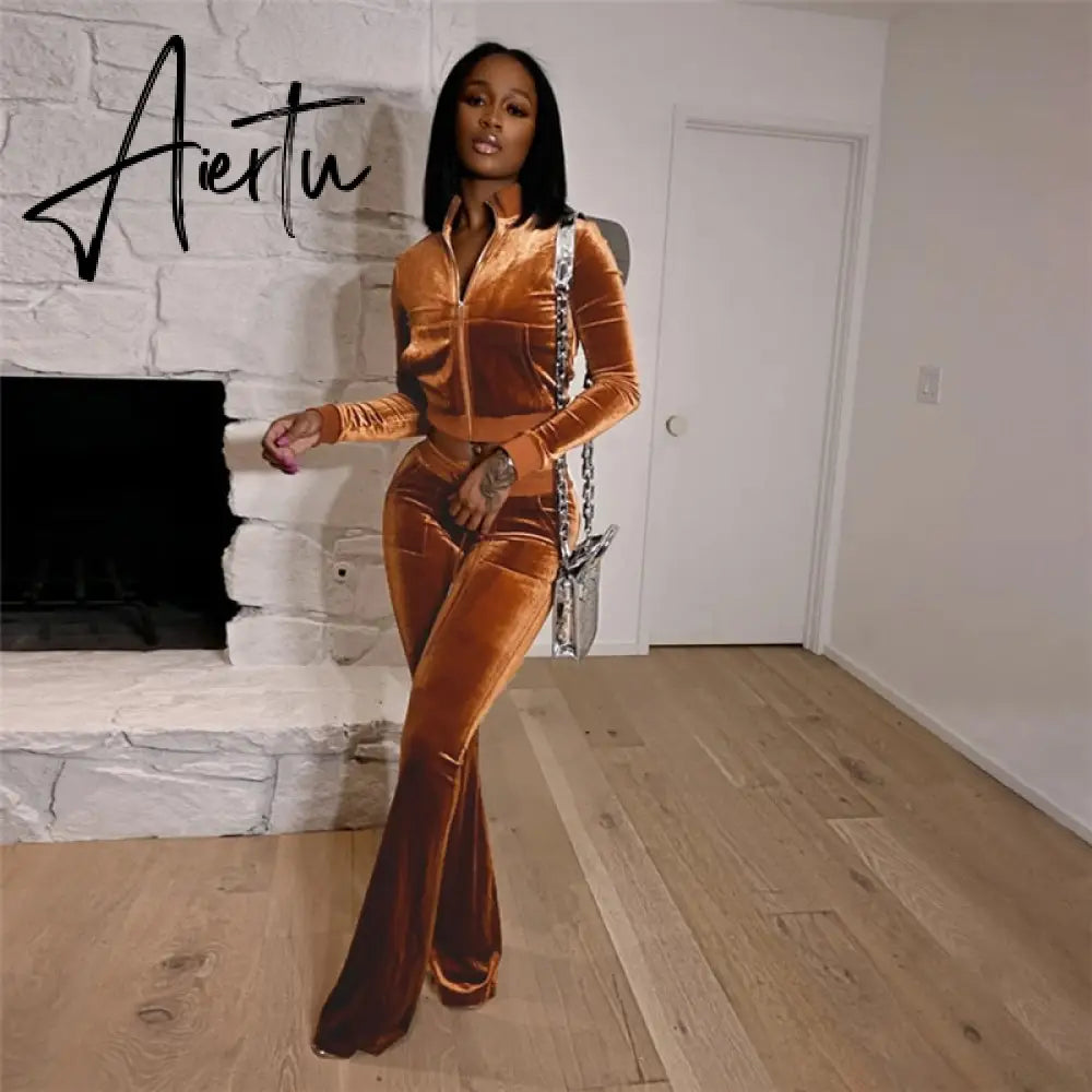 Turtleneck Top+Bandage Lace Slim Female Wide Leg Pants Solid Velour Two Piece Set Women Simple Casual Zipper Long Sleeve Aiertu