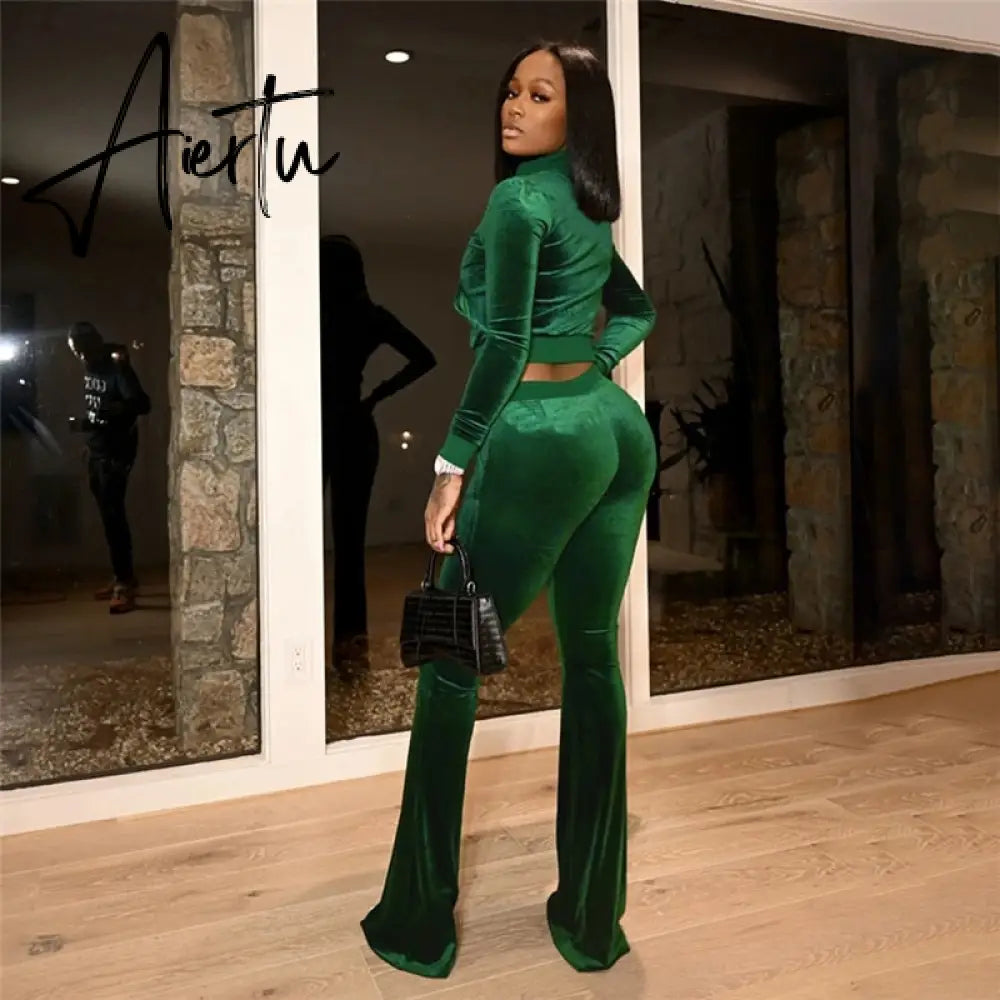Turtleneck Top+Bandage Lace Slim Female Wide Leg Pants Solid Velour Two Piece Set Women Simple Casual Zipper Long Sleeve Aiertu