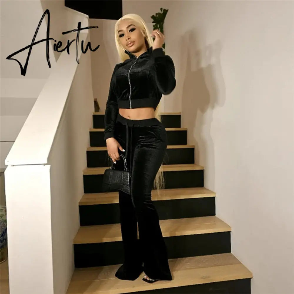 Turtleneck Top+Bandage Lace Slim Female Wide Leg Pants Solid Velour Two Piece Set Women Simple Casual Zipper Long Sleeve Aiertu