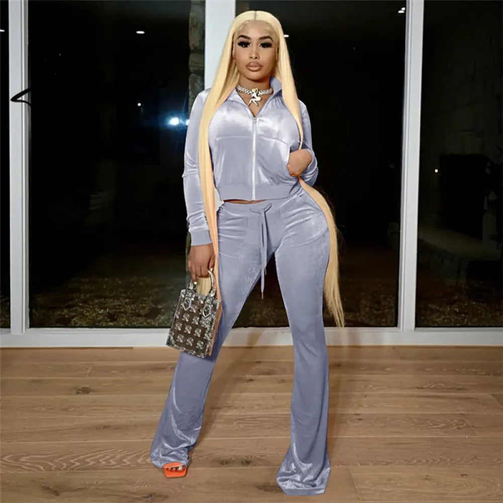 Turtleneck Top+Bandage Lace Slim Female Wide Leg Pants Solid Velour Two Piece Set Women Simple Casual Zipper Long Sleeve Aiertu