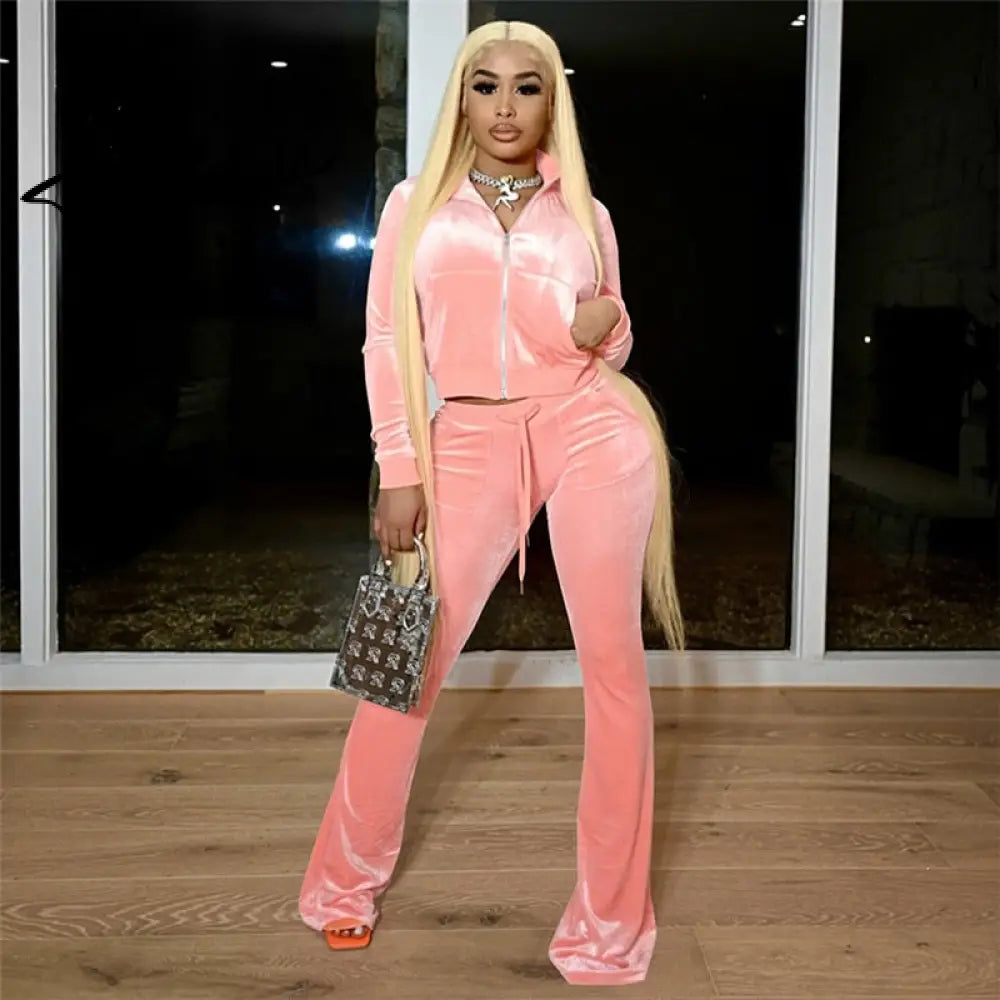 Turtleneck Top+Bandage Lace Slim Female Wide Leg Pants Solid Velour Two Piece Set Women Simple Casual Zipper Long Sleeve Aiertu