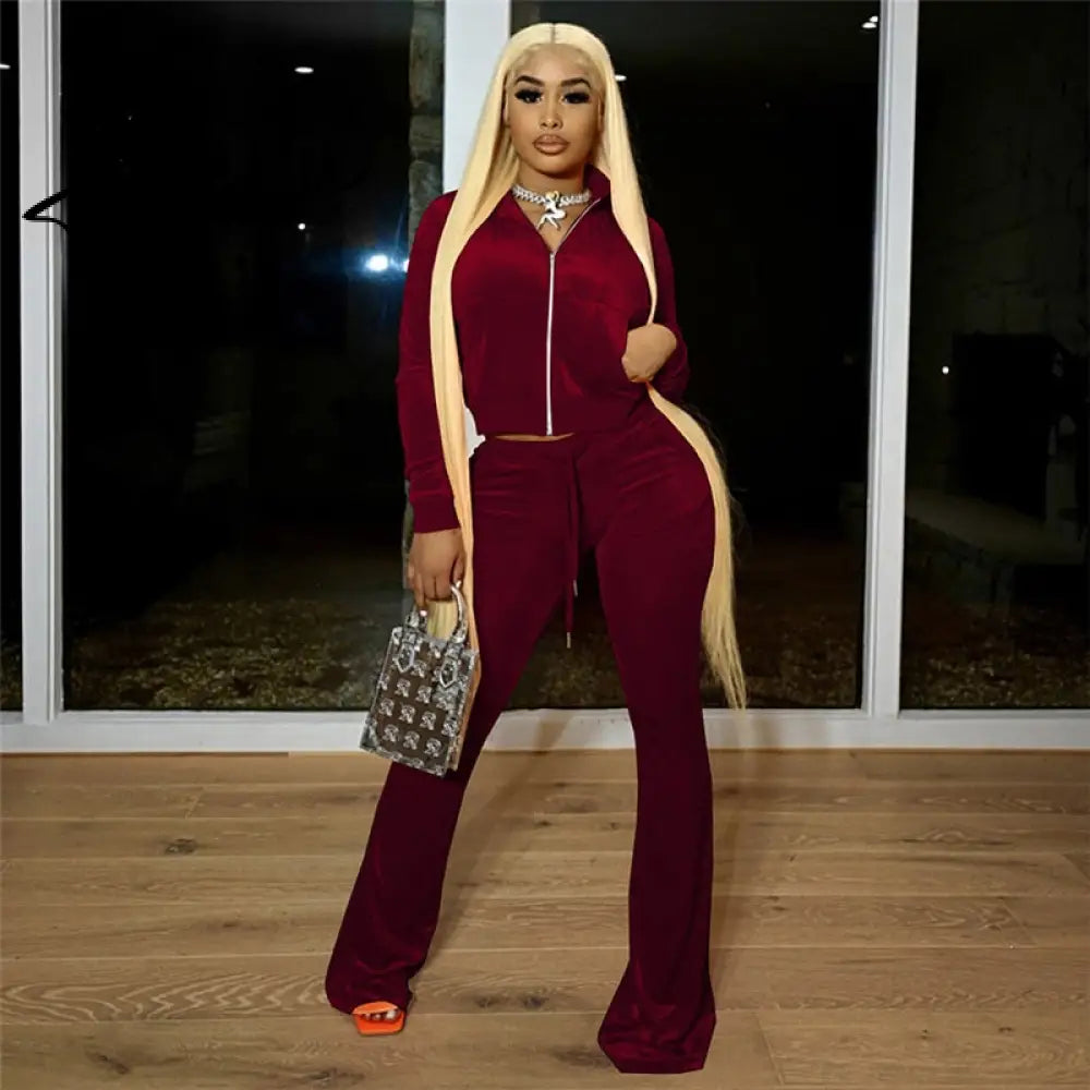 Turtleneck Top+Bandage Lace Slim Female Wide Leg Pants Solid Velour Two Piece Set Women Simple Casual Zipper Long Sleeve Aiertu