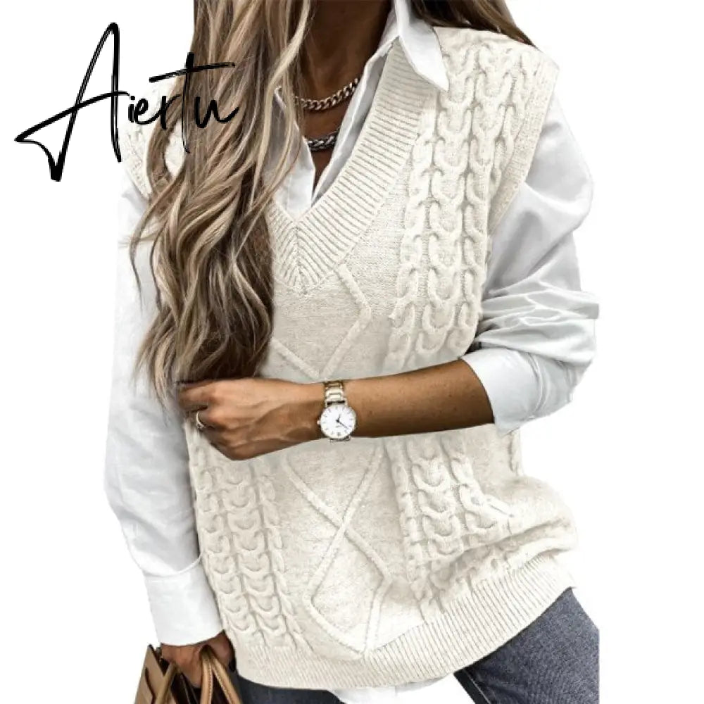 Twist Pullover Sweater Vests Women Oversized V-Neck Cable Knitted Korean Female Sleeveless Warm Tops Waistcoat Winter Aiertu