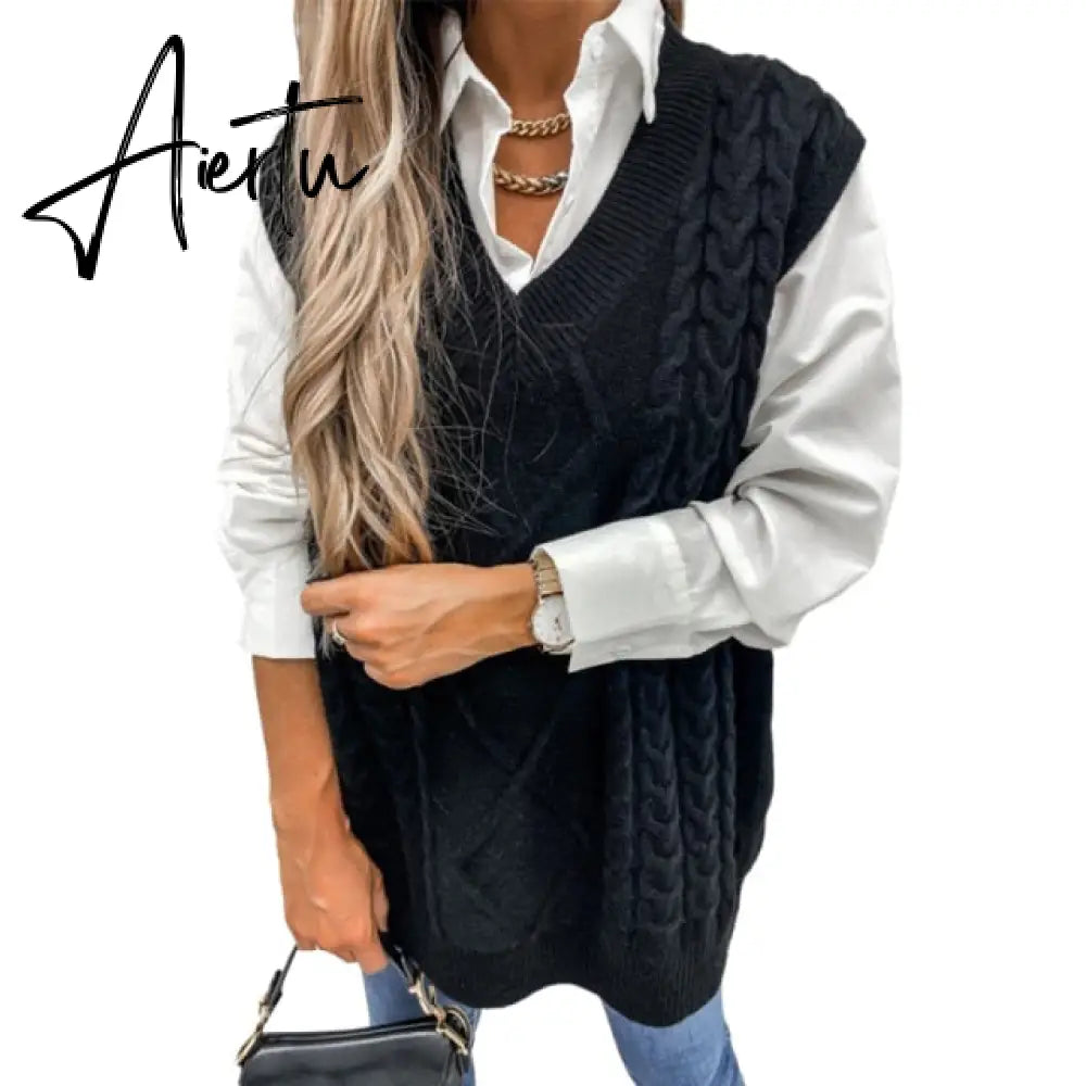 Twist Pullover Sweater Vests Women Oversized V-Neck Cable Knitted Korean Female Sleeveless Warm Tops Waistcoat Winter Aiertu