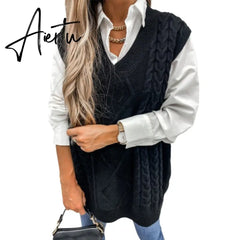 Twist Pullover Sweater Vests Women Oversized V-Neck Cable Knitted Korean Female Sleeveless Warm Tops Waistcoat Winter Aiertu