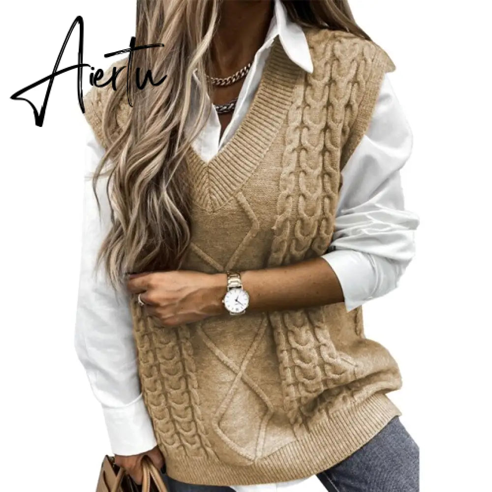 Twist Pullover Sweater Vests Women Oversized V-Neck Cable Knitted Korean Female Sleeveless Warm Tops Waistcoat Winter Aiertu