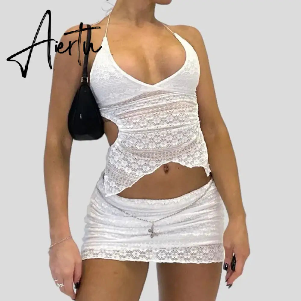 Two Piece Set Chic Women V Neck Halter Camis Tops Sexy Chest Wrap Backless Tie Up Bandage Crop Tops + Mini Pencil Skirt White Aiertu