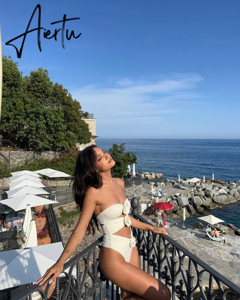 Two-Pieces Women Floral Lace Up  Push-Up Padded Bra White Swimsuit Swimwear Bathing Suit Beachwear Monokini Female Aiertu