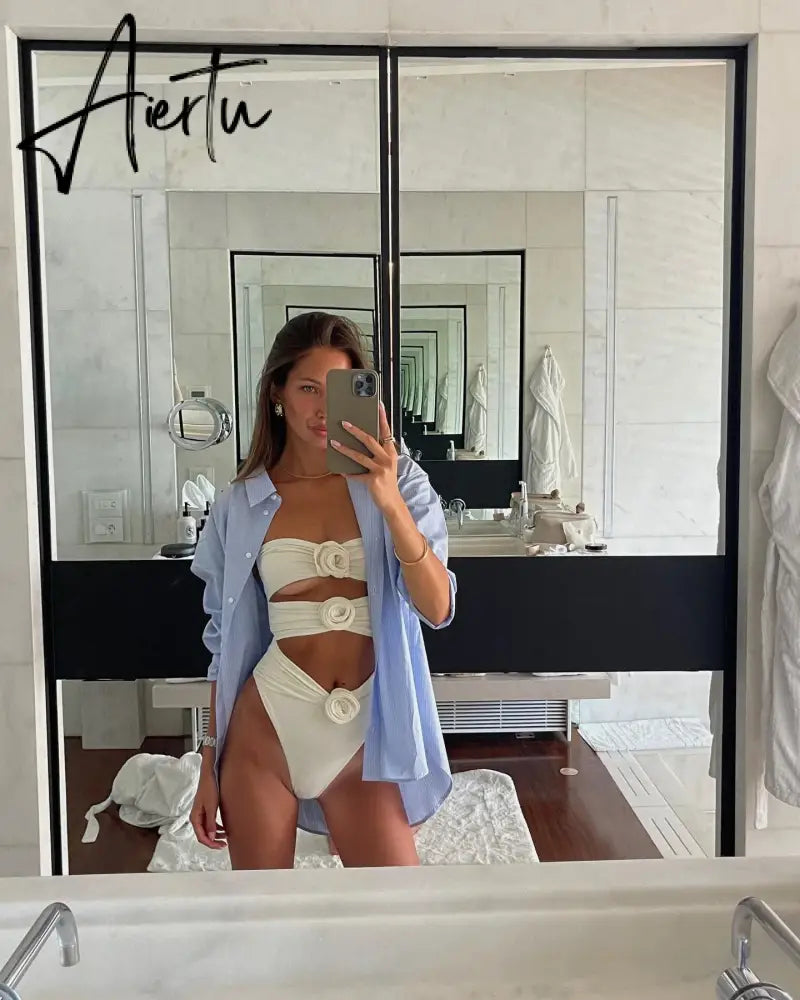 Two-Pieces Women Floral Lace Up  Push-Up Padded Bra White Swimsuit Swimwear Bathing Suit Beachwear Monokini Female Aiertu
