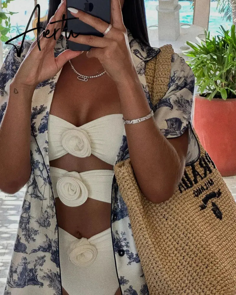 Two-Pieces Women Floral Lace Up  Push-Up Padded Bra White Swimsuit Swimwear Bathing Suit Beachwear Monokini Female Aiertu
