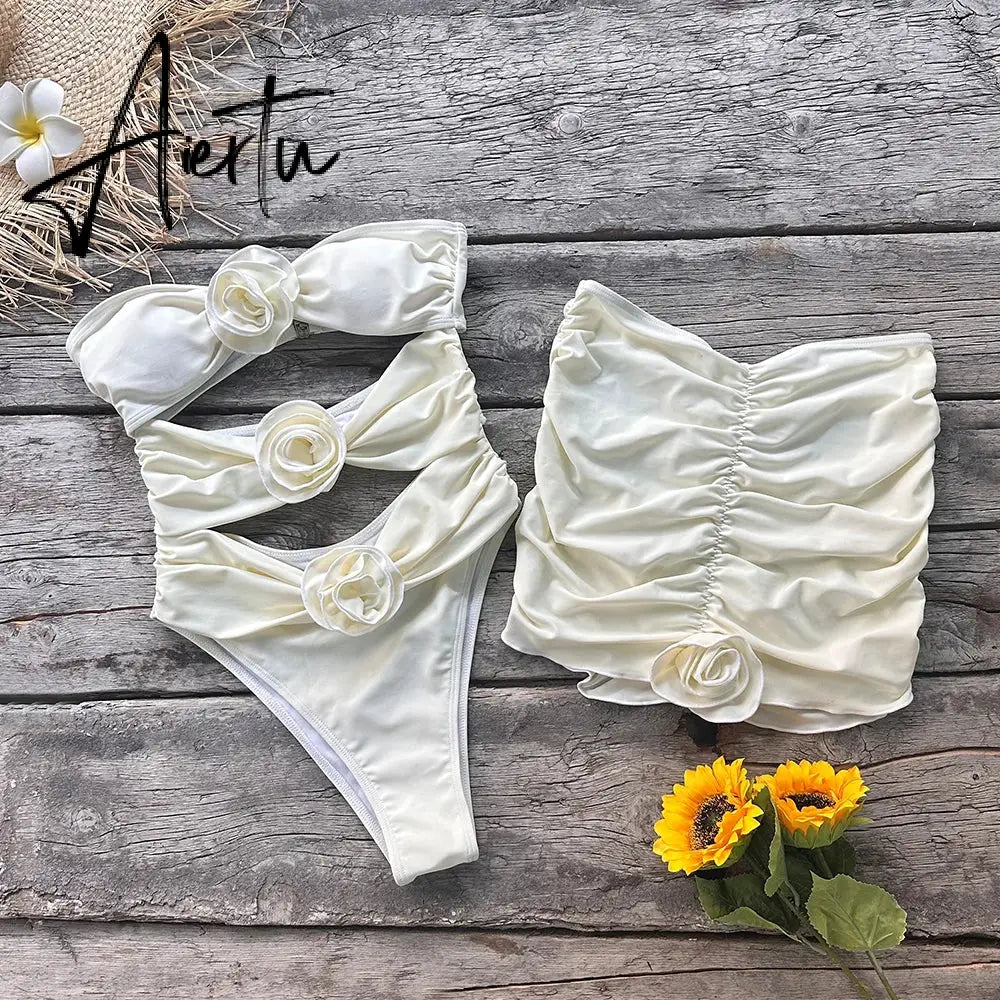 Two-Pieces Women Floral Lace Up  Push-Up Padded Bra White Swimsuit Swimwear Bathing Suit Beachwear Monokini Female Aiertu