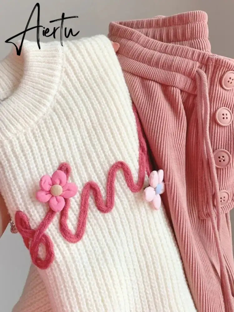 Urban Lovely Suits Short Flower Letter Knitted Sweater + Women Design Wide-leg Casual Pants Milky Kawaii Set/Single Piece Aiertu