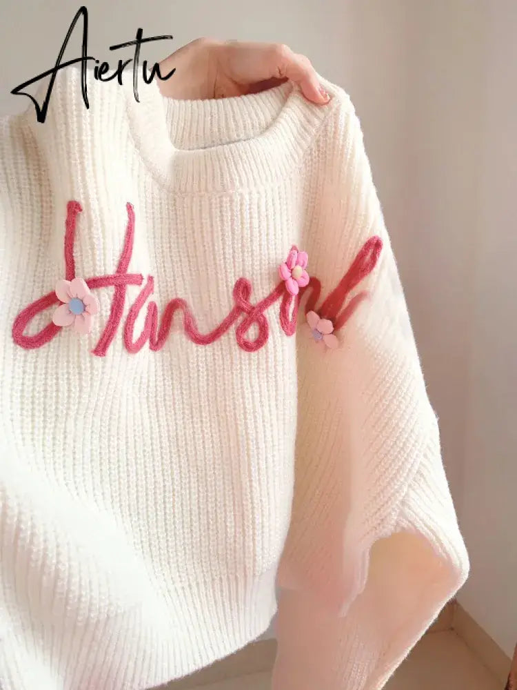 Urban Lovely Suits Short Flower Letter Knitted Sweater + Women Design Wide-leg Casual Pants Milky Kawaii Set/Single Piece Aiertu