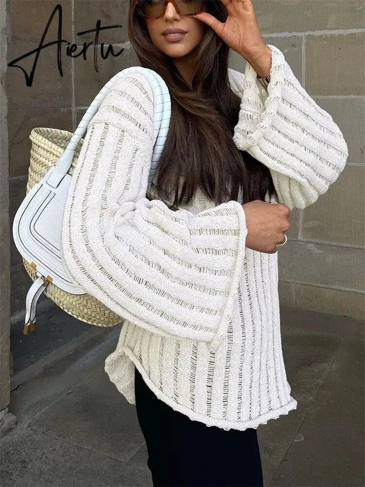 V-Neck Oversized Women's Sweater Long Sleeve Hollow Out Striped Knit Tops Winter  Trend Casual Loose Pullover Sweaters Aiertu