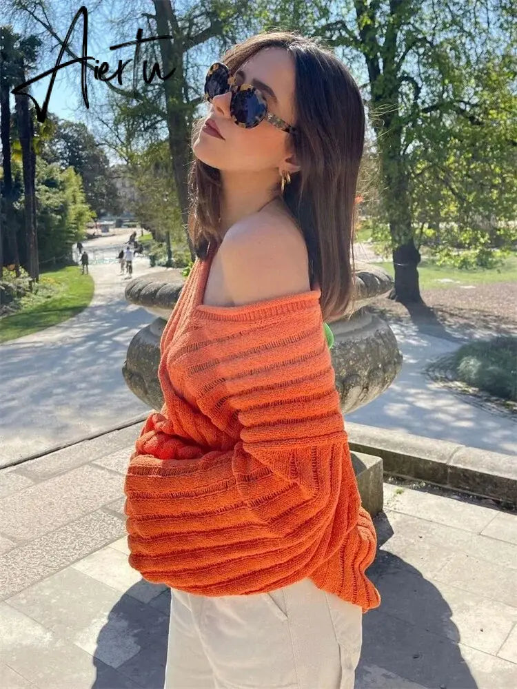 V-Neck Oversized Women's Sweater Long Sleeve Hollow Out Striped Knit Tops Winter  Trend Casual Loose Pullover Sweaters Aiertu