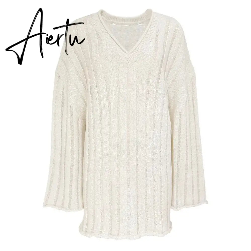 V-Neck Oversized Women's Sweater Long Sleeve Hollow Out Striped Knit Tops Winter  Trend Casual Loose Pullover Sweaters Aiertu