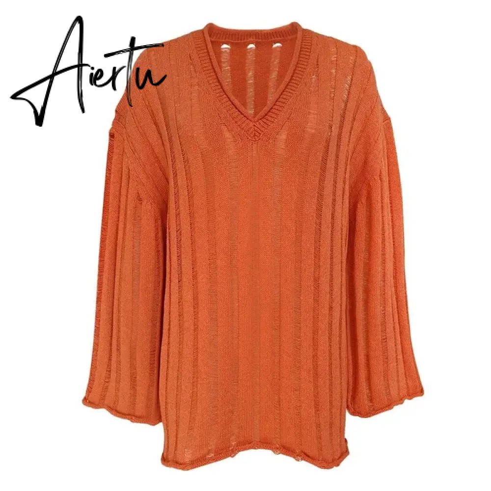 V-Neck Oversized Women's Sweater Long Sleeve Hollow Out Striped Knit Tops Winter  Trend Casual Loose Pullover Sweaters Aiertu