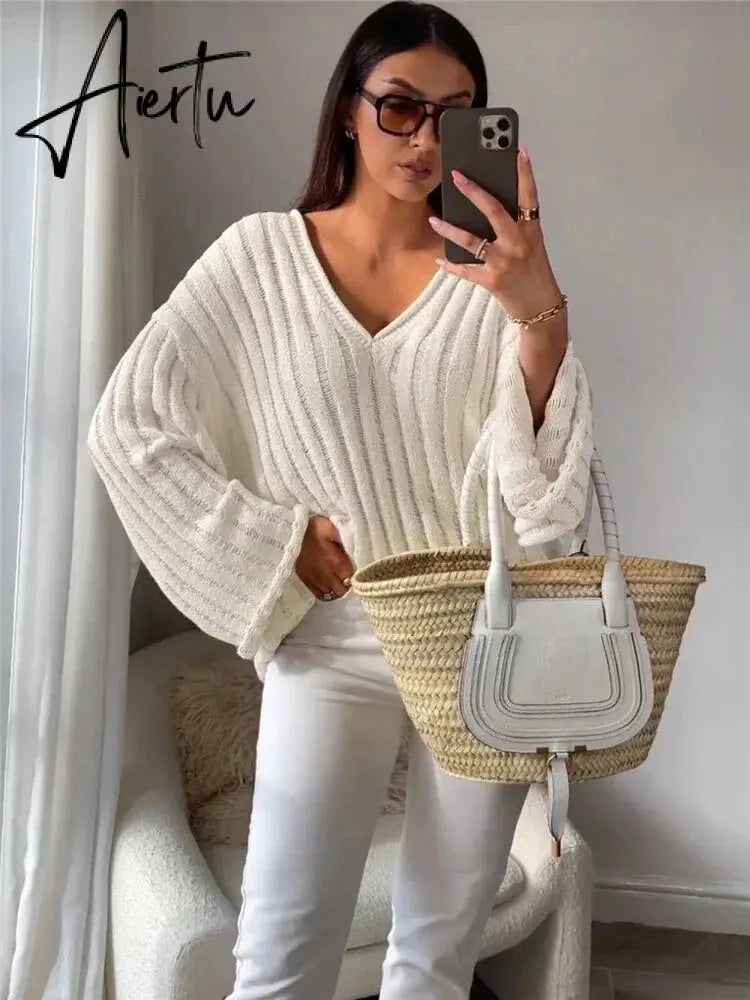 V-Neck Oversized Women's Sweater Long Sleeve Hollow Out Striped Knit Tops Winter  Trend Casual Loose Pullover Sweaters Aiertu
