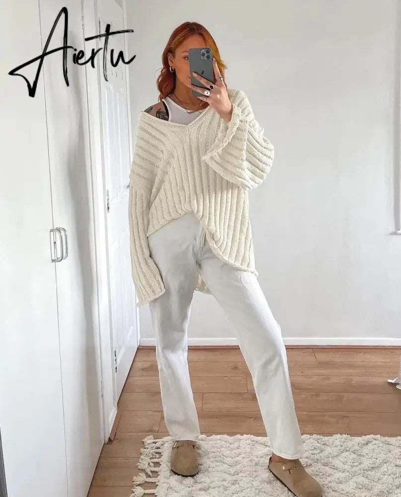 V-Neck Oversized Women's Sweater Long Sleeve Hollow Out Striped Knit Tops Winter  Trend Casual Loose Pullover Sweaters Aiertu