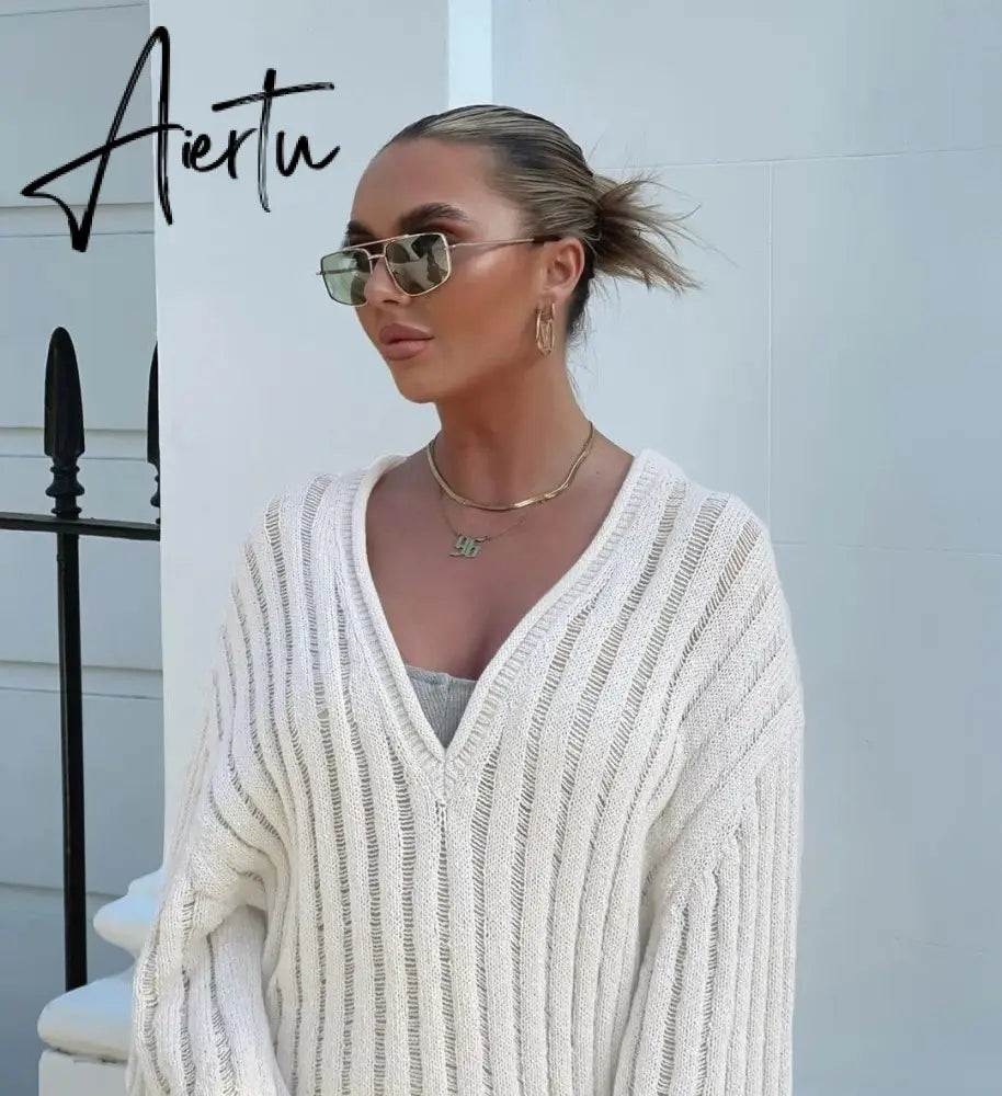 V-Neck Oversized Women's Sweater Long Sleeve Hollow Out Striped Knit Tops Winter  Trend Casual Loose Pullover Sweaters Aiertu