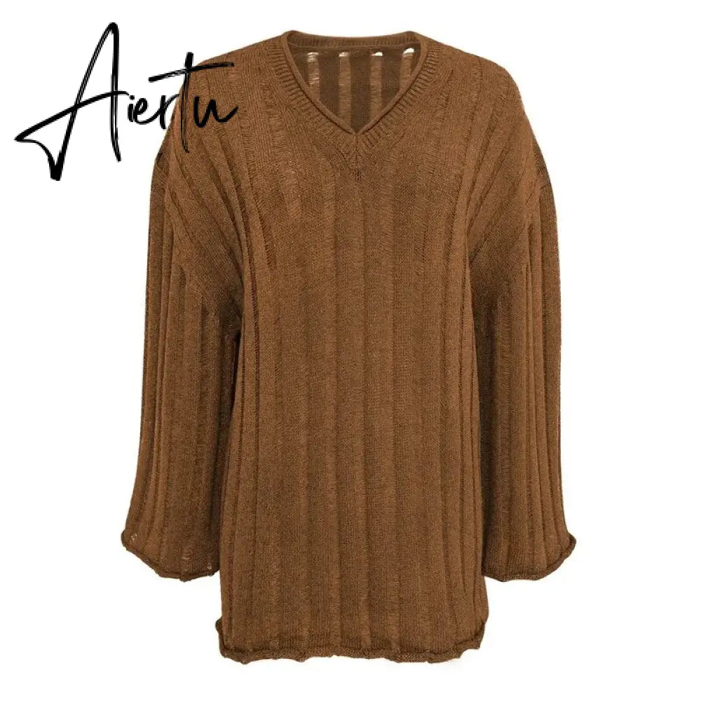 V-Neck Oversized Women's Sweater Long Sleeve Hollow Out Striped Knit Tops Winter  Trend Casual Loose Pullover Sweaters Aiertu