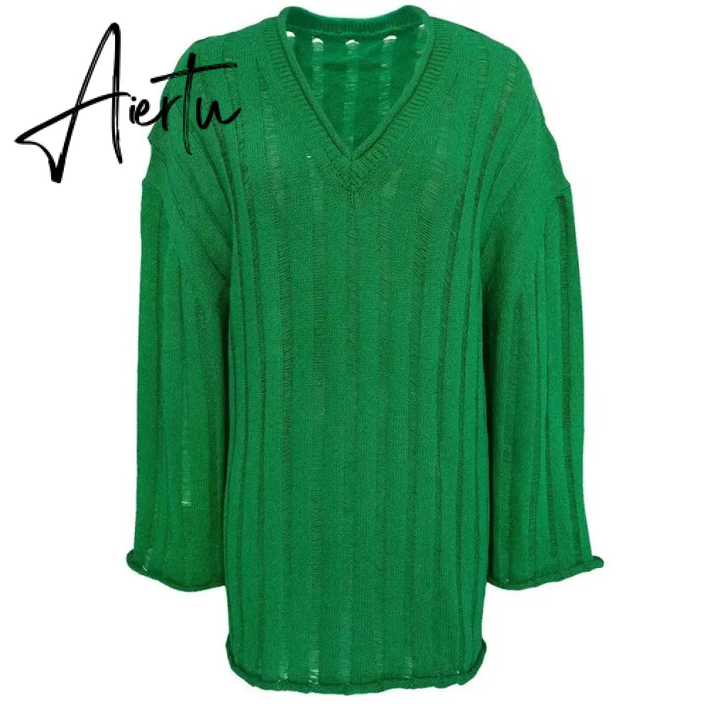 V-Neck Oversized Women's Sweater Long Sleeve Hollow Out Striped Knit Tops Winter  Trend Casual Loose Pullover Sweaters Aiertu