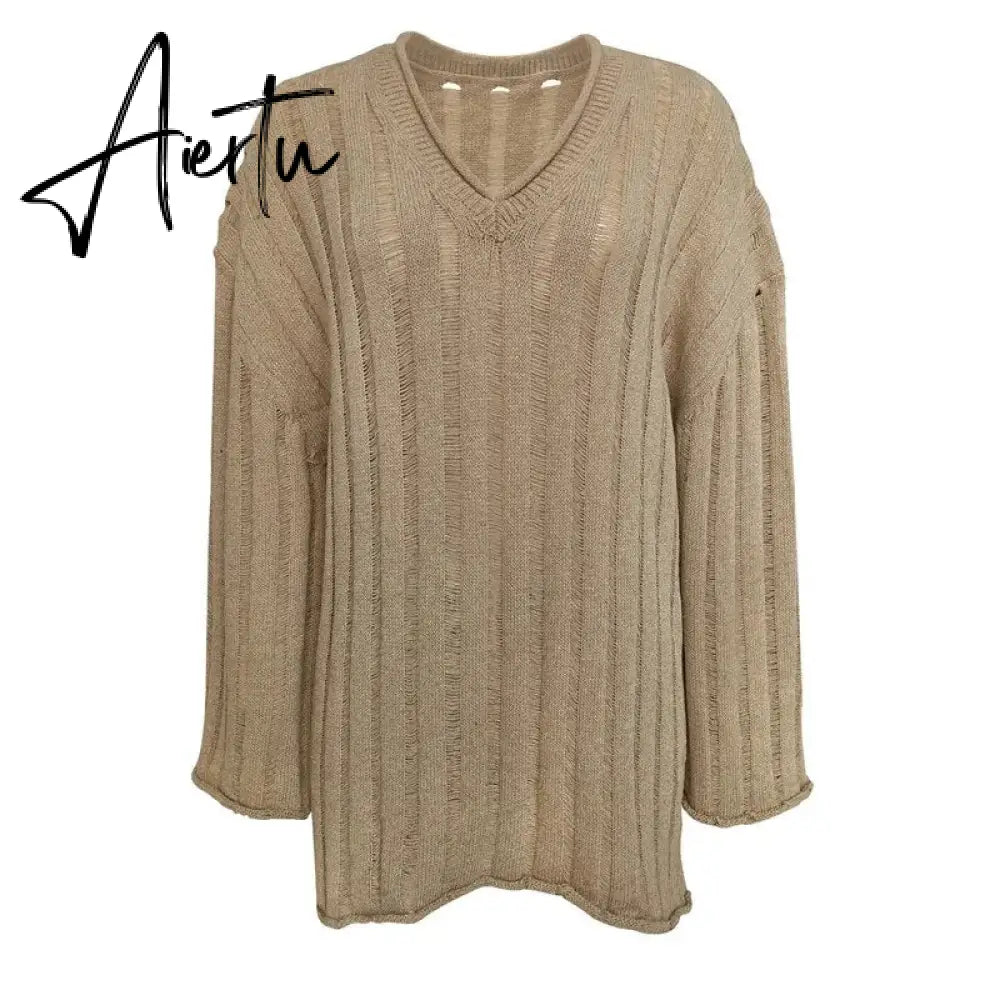 V-Neck Oversized Women's Sweater Long Sleeve Hollow Out Striped Knit Tops Winter  Trend Casual Loose Pullover Sweaters Aiertu