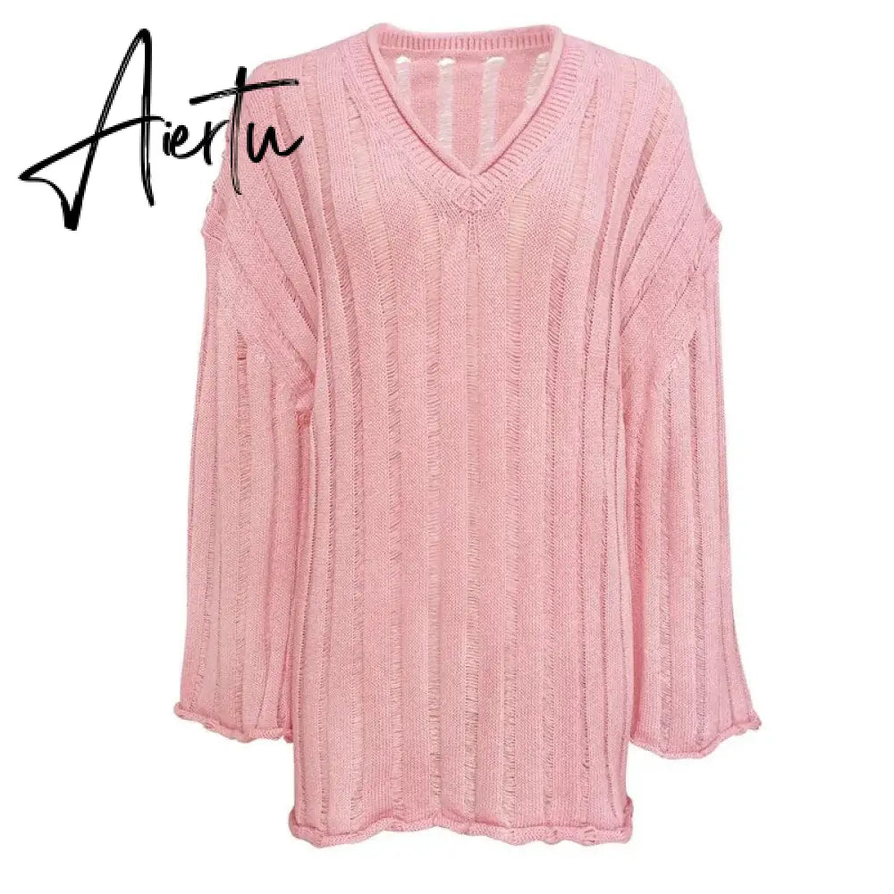 V-Neck Oversized Women's Sweater Long Sleeve Hollow Out Striped Knit Tops Winter  Trend Casual Loose Pullover Sweaters Aiertu