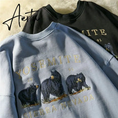 Vintage Bear Embroidery Sweatshirts Women Harajuku Streetwear Casual Long Sleeve Crewneck Oversized Fashion Hoodie Korean Girls Aiertu