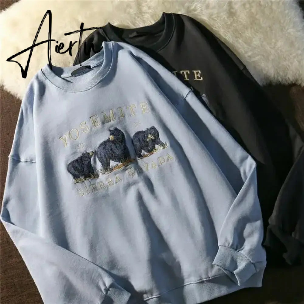 Vintage Bear Embroidery Sweatshirts Women Harajuku Streetwear Casual Long Sleeve Crewneck Oversized Fashion Hoodie Korean Girls Aiertu