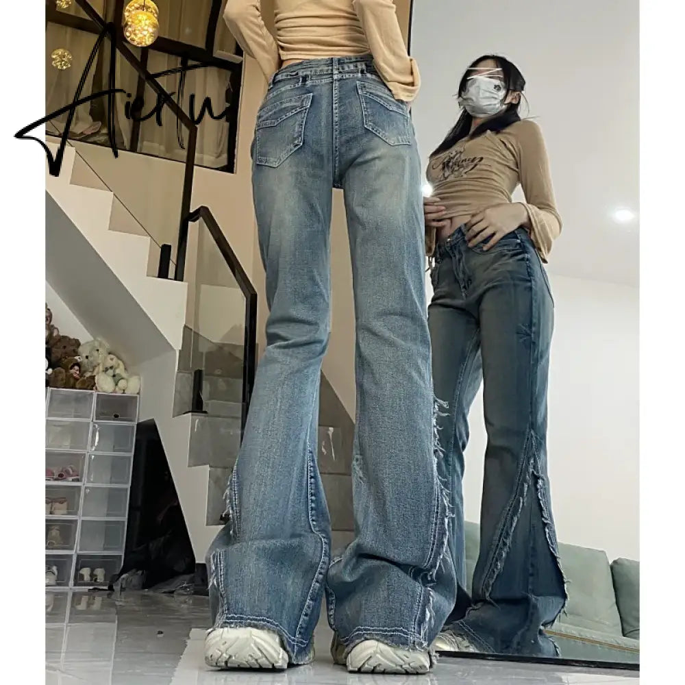 Vintage Blue Women Jeans High Waist Chic American Fashion Y2K Streetwear Wide Leg Jean Female Trouser  NEW Baggy Denim Pants Aiertu