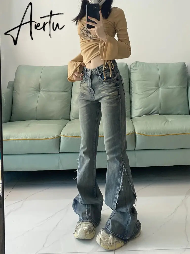 Vintage Blue Women Jeans High Waist Chic American Fashion Y2K Streetwear Wide Leg Jean Female Trouser  NEW Baggy Denim Pants Aiertu