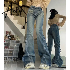 Vintage Blue Women Jeans High Waist Chic American Fashion Y2K Streetwear Wide Leg Jean Female Trouser  NEW Baggy Denim Pants Aiertu