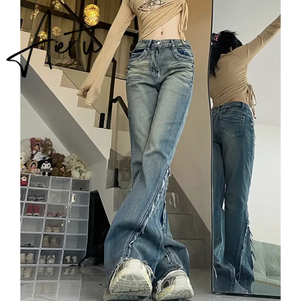 Vintage Blue Women Jeans High Waist Chic American Fashion Y2K Streetwear Wide Leg Jean Female Trouser  NEW Baggy Denim Pants Aiertu