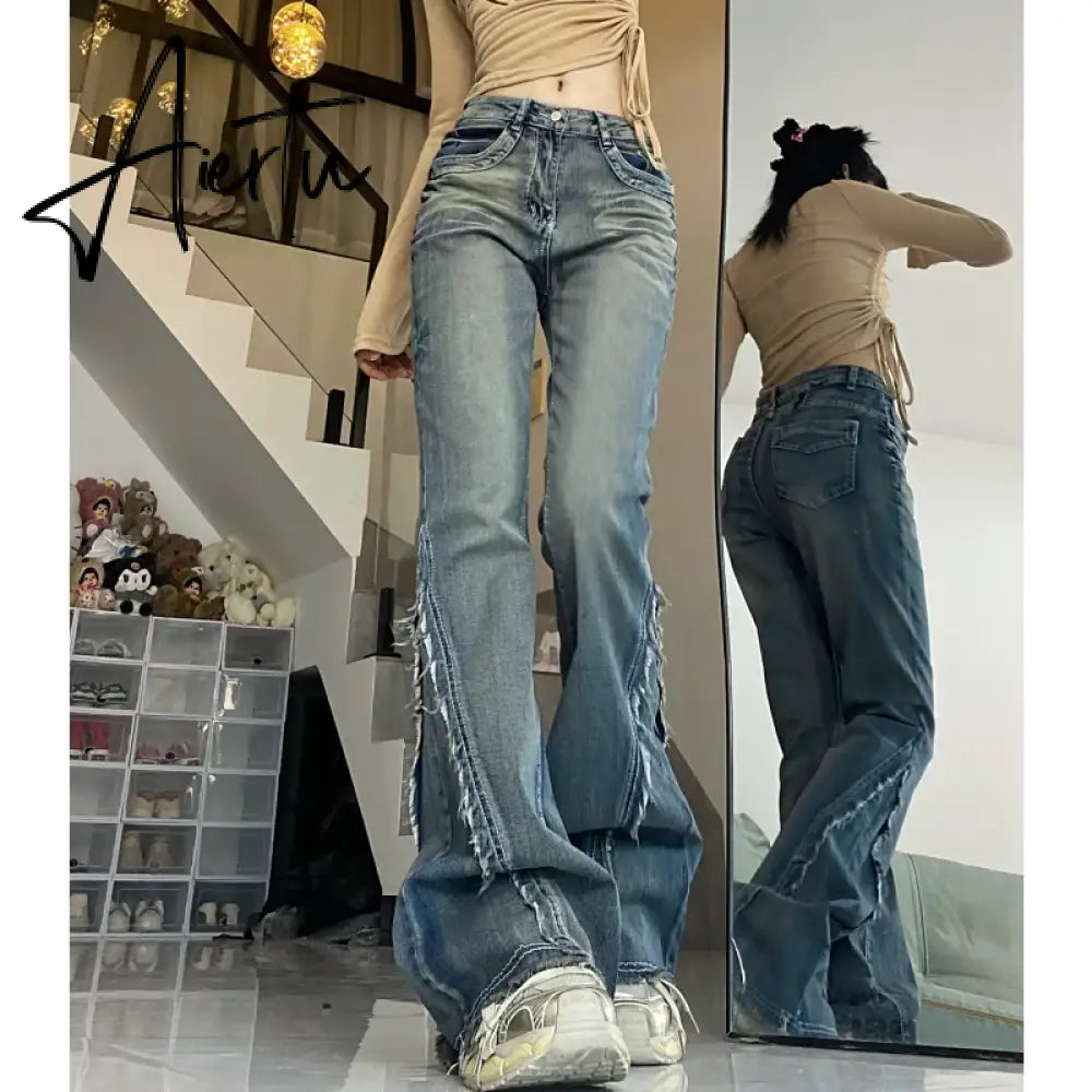 Vintage Blue Women Jeans High Waist Chic American Fashion Y2K Streetwear Wide Leg Jean Female Trouser  NEW Baggy Denim Pants Aiertu