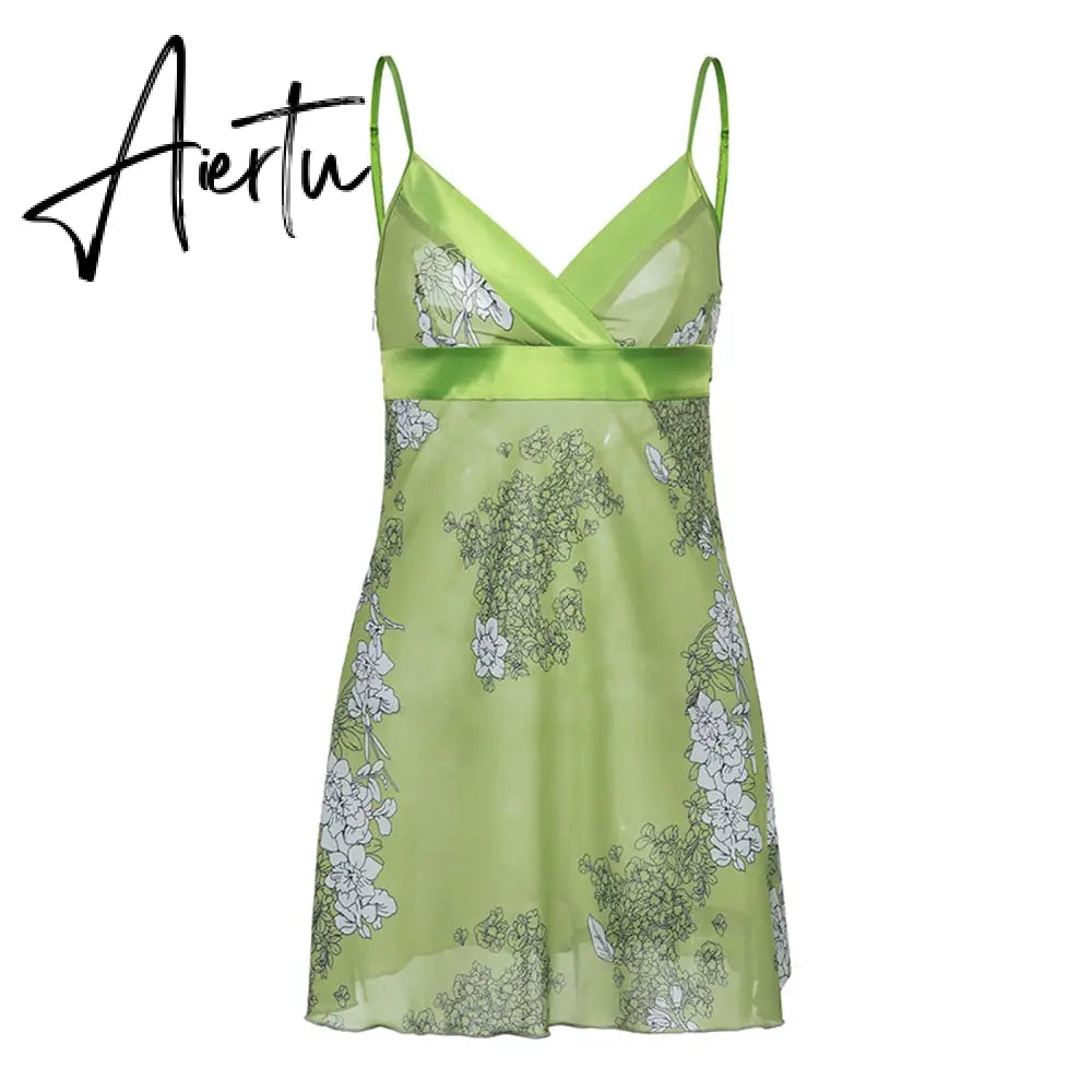 Vintage Chiffon Mini Dress y2k Fairycore Grunge Floral V Neck Backless Spaghetti Strap Sexy Dress Women Beach Sundress Aiertu