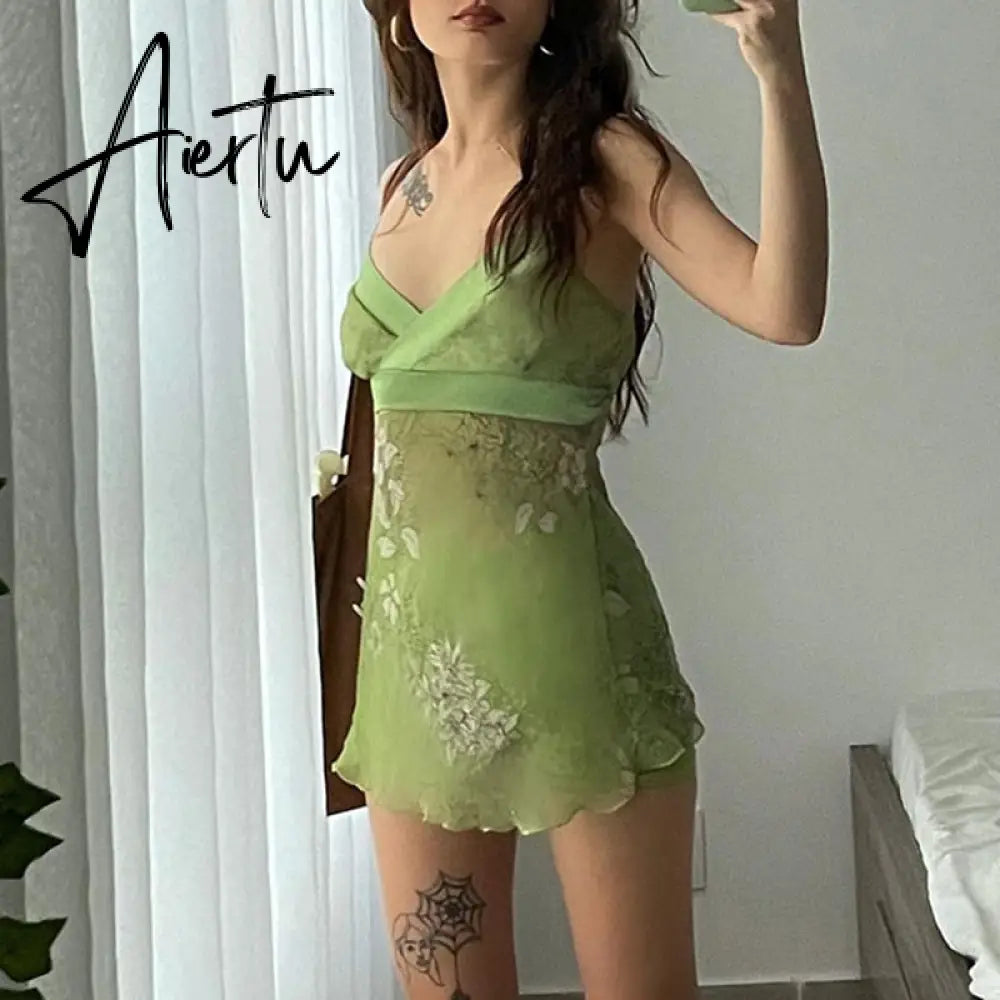 Vintage Chiffon Mini Dress y2k Fairycore Grunge Floral V Neck Backless Spaghetti Strap Sexy Dress Women Beach Sundress Aiertu