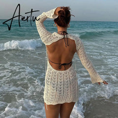 Vintage Crochet Flower Hollow Out Dress Cover-Ups Chic Women Sexy Knit Backless Tie-up Mini Dress Summer Beach Holiday Bodycon Aiertu