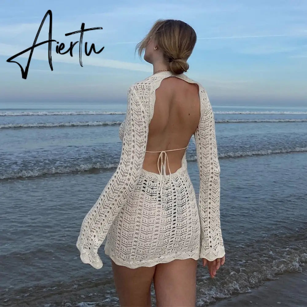 Vintage Crochet Flower Hollow Out Dress Cover-Ups Chic Women Sexy Knit Backless Tie-up Mini Dress Summer Beach Holiday Bodycon Aiertu