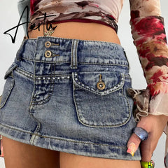 Vintage Diamonds Denim Mini Skirts Y2K Aesthetic Korean Kawaii Low Rise Skinny Wrap Bodycon Jeans Penceil Skirt Women Streetwear Aiertu