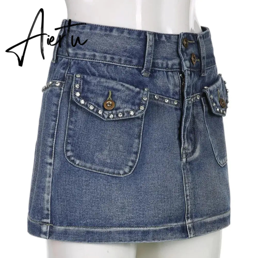 Vintage Diamonds Denim Mini Skirts Y2K Aesthetic Korean Kawaii Low Rise Skinny Wrap Bodycon Jeans Penceil Skirt Women Streetwear Aiertu