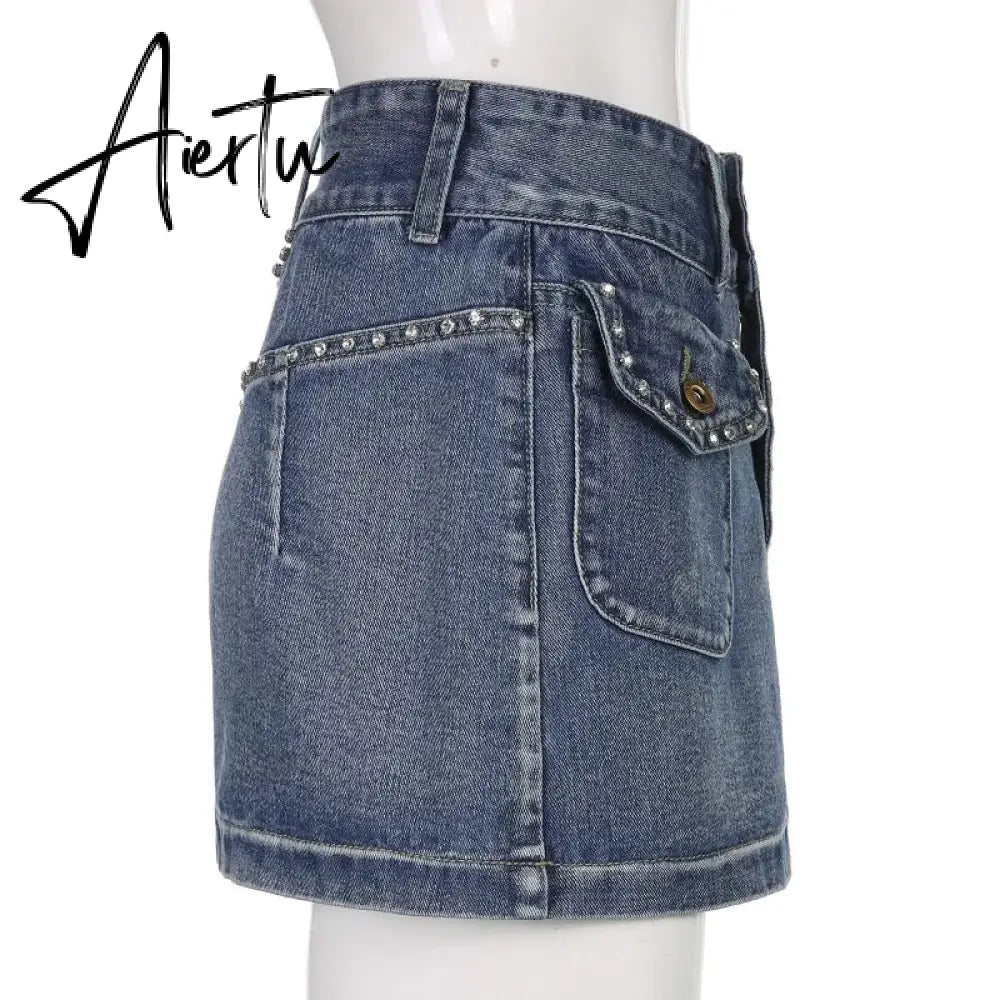 Vintage Diamonds Denim Mini Skirts Y2K Aesthetic Korean Kawaii Low Rise Skinny Wrap Bodycon Jeans Penceil Skirt Women Streetwear Aiertu