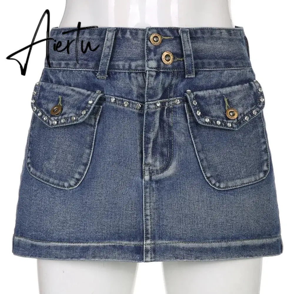 Vintage Diamonds Denim Mini Skirts Y2K Aesthetic Korean Kawaii Low Rise Skinny Wrap Bodycon Jeans Penceil Skirt Women Streetwear Aiertu