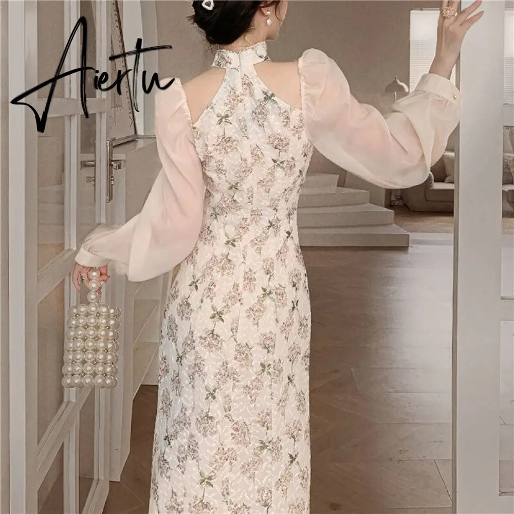 Vintage Elegant Cheongsam Dress Women Floral Embroidery Design Fairy Party Dress Female Spring Autumn Retro Long Split Dress Aiertu