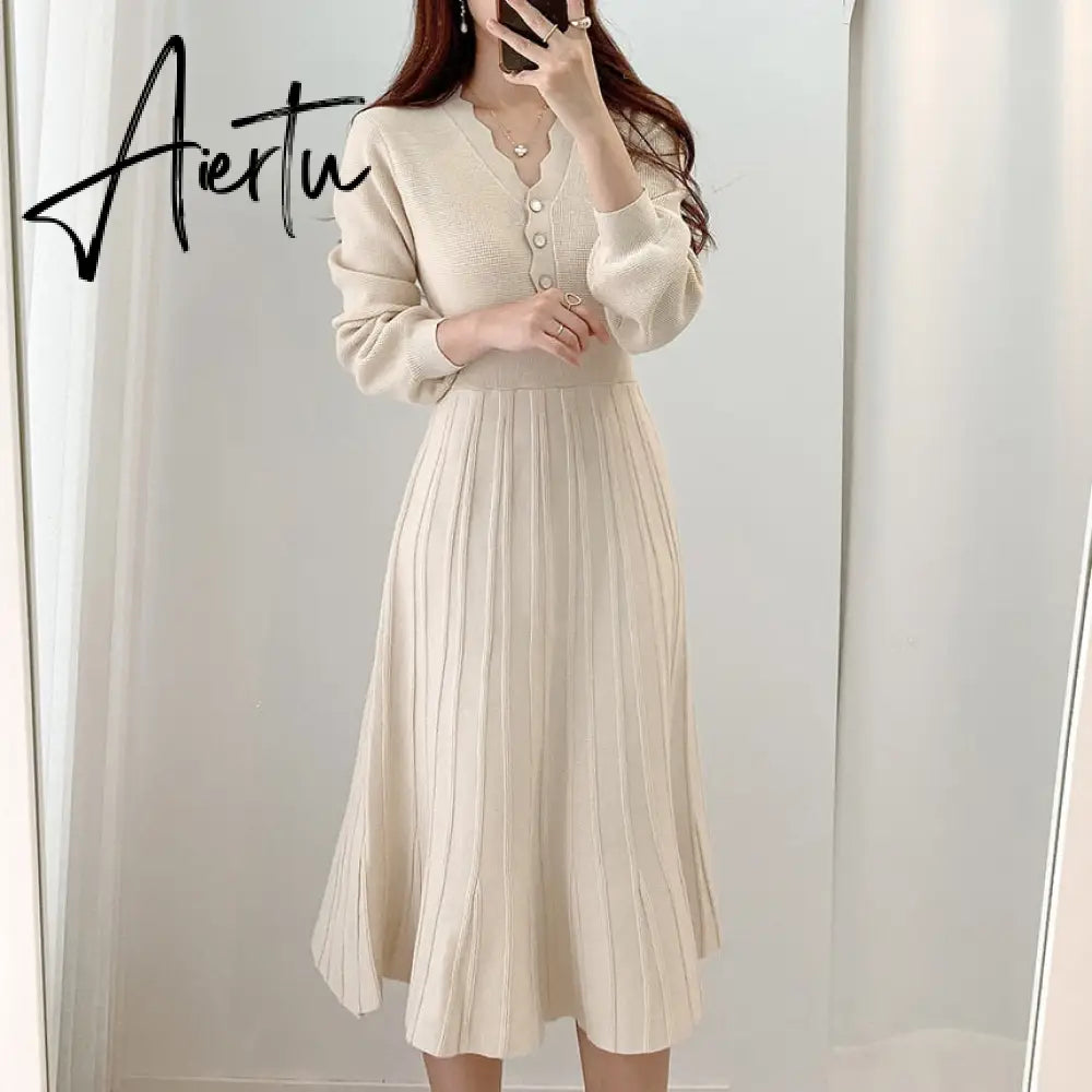 Vintage Elegant Knitted Beige Midi Dress New Autumn Long Sleeve Slim Woman Sweater Dresses One-Piece Woman Pleated Dress Aiertu