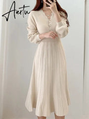 Vintage Elegant Knitted Beige Midi Dress New Autumn Long Sleeve Slim Woman Sweater Dresses One-Piece Woman Pleated Dress Aiertu