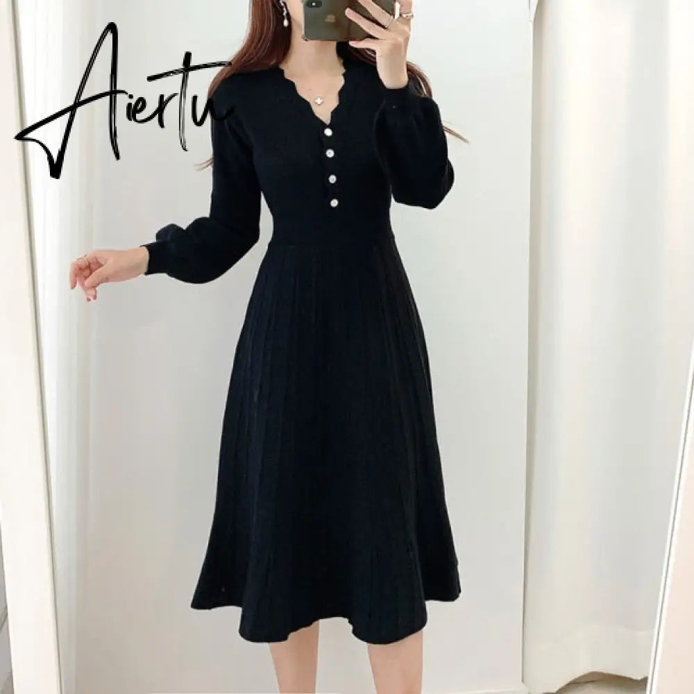 Vintage Elegant Knitted Beige Midi Dress New Autumn Long Sleeve Slim Woman Sweater Dresses One-Piece Woman Pleated Dress Aiertu